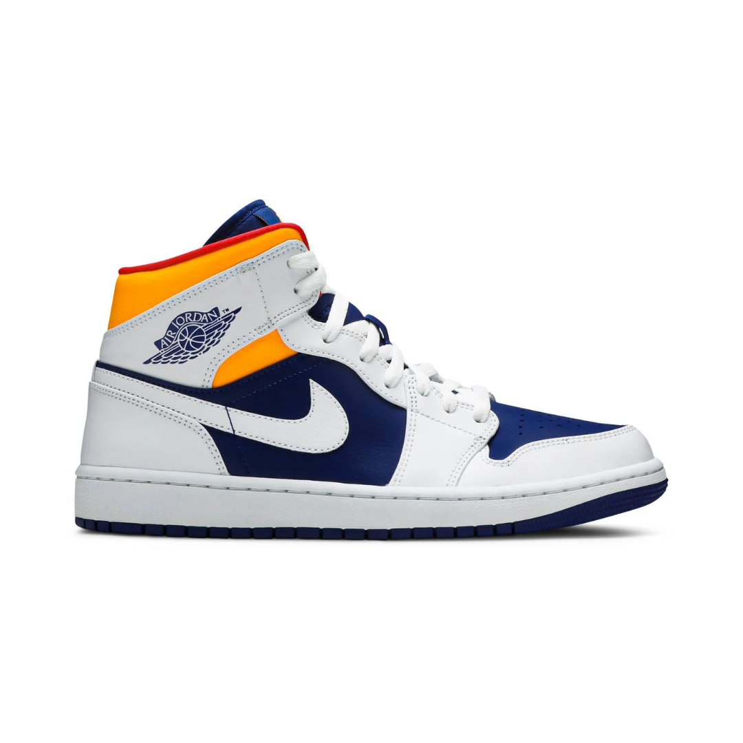 Jordan 1 Mid White Laser Orange Deep Royal Blue