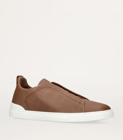 Zegna Triple Stitch Brown Leather Sneakers