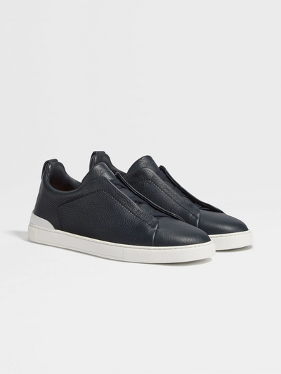 Zegna Triple Stitch Navy Blue Leather Sneakers