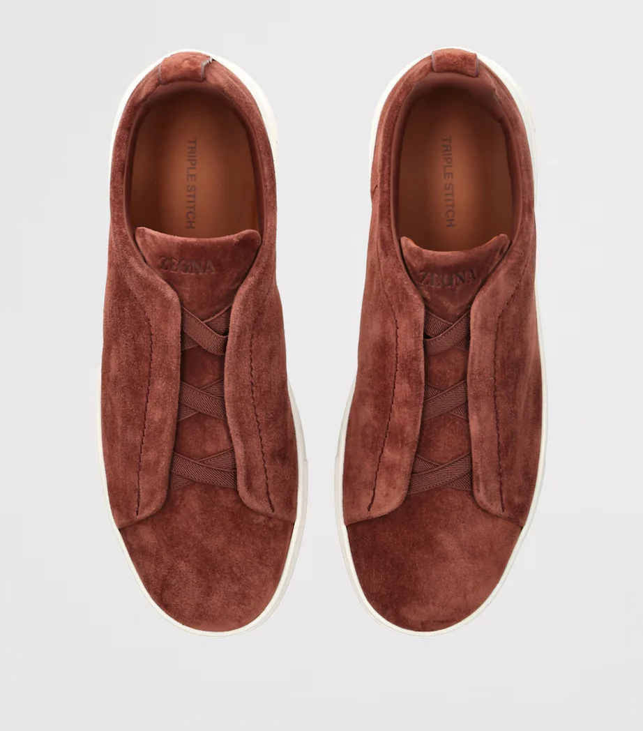 Zegna Triple Stitch Rust Brown Suede Sneakers